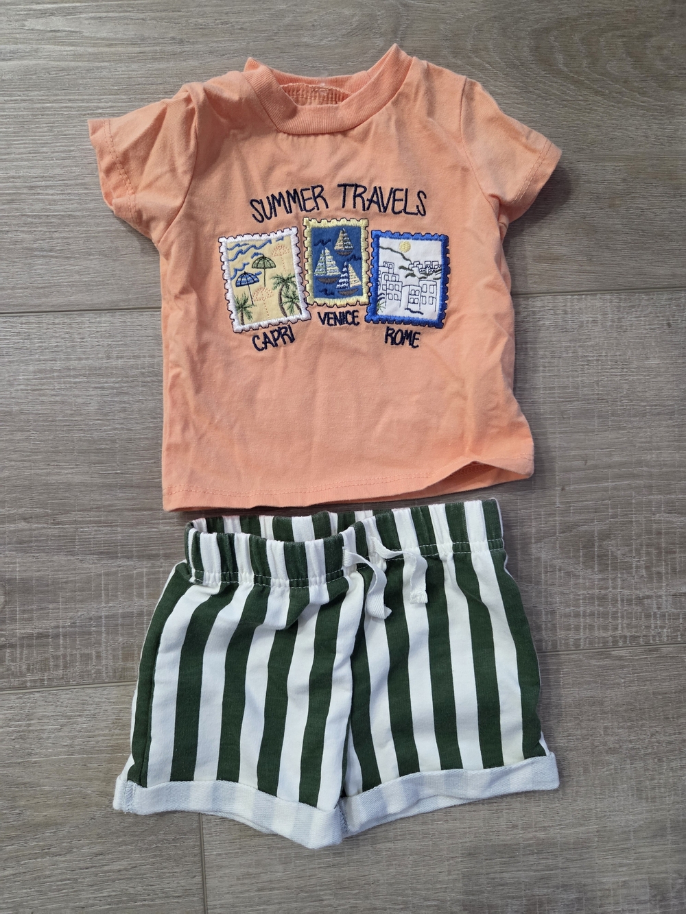 chick pea Orange Shirt And Green/White Striped Shorts